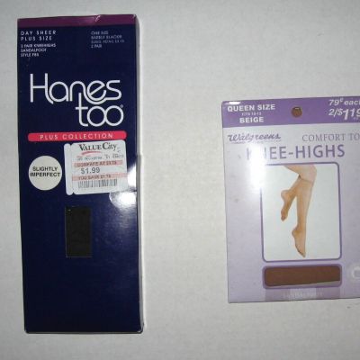 2 Pair New  Knee-Highs Hose Plus Queen  Black Hanes Beige Walgreens